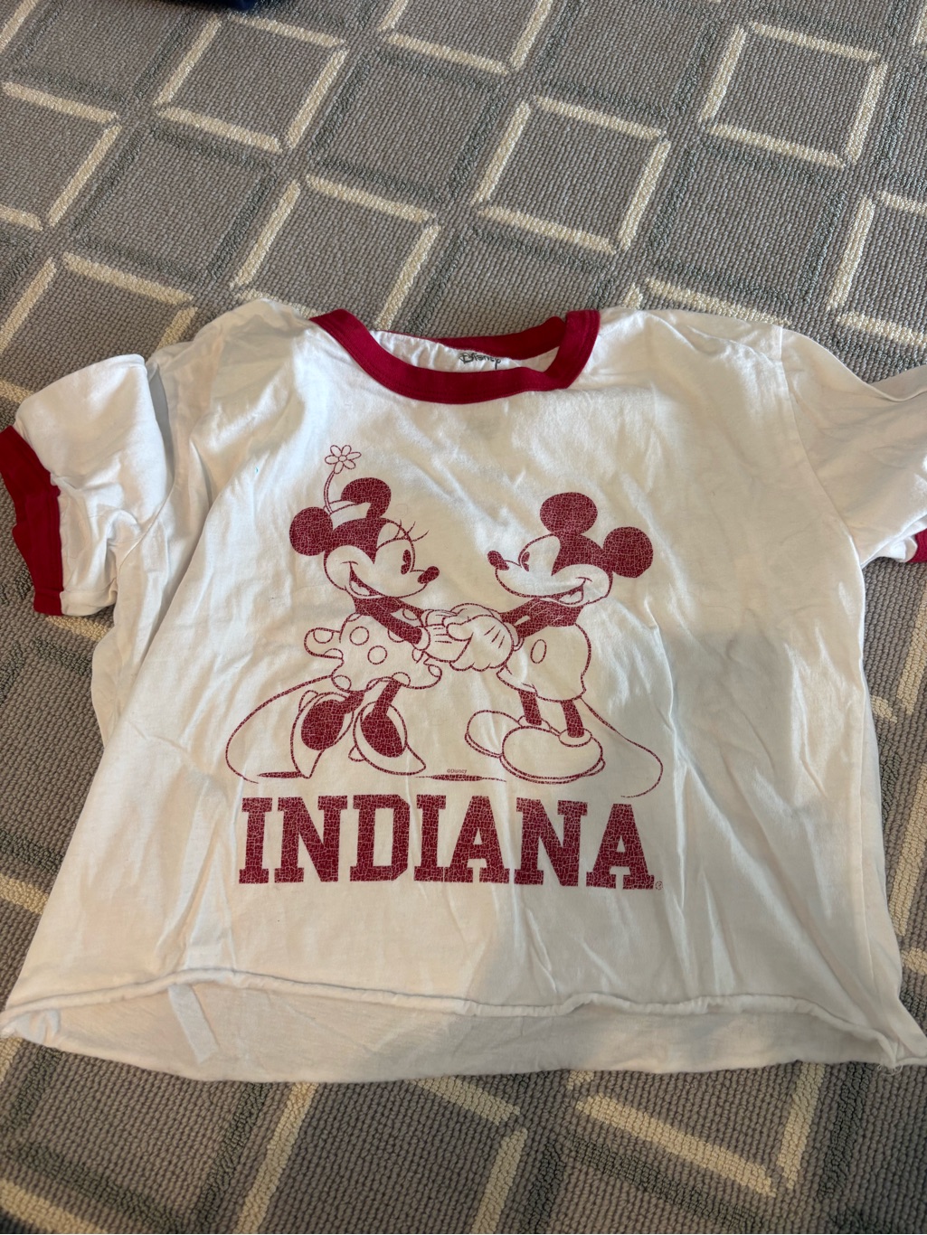 Disney White Ringer Tee With Red Mickey & Minnie Indiana Graphic